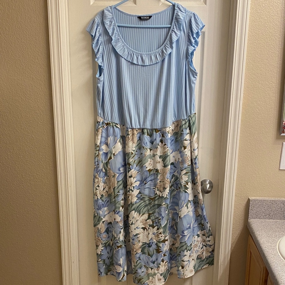 BloomChic Pale Blue Floral Ruffled Midi Dress